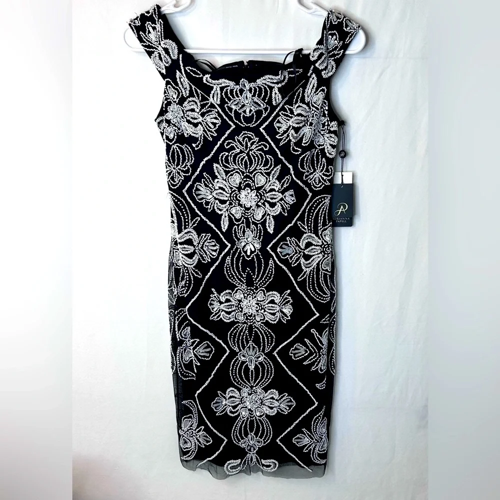 NWT Adrianna Papell Women’s Off Shoulder Fitted Beaded Dress. Black White. SZ 2P